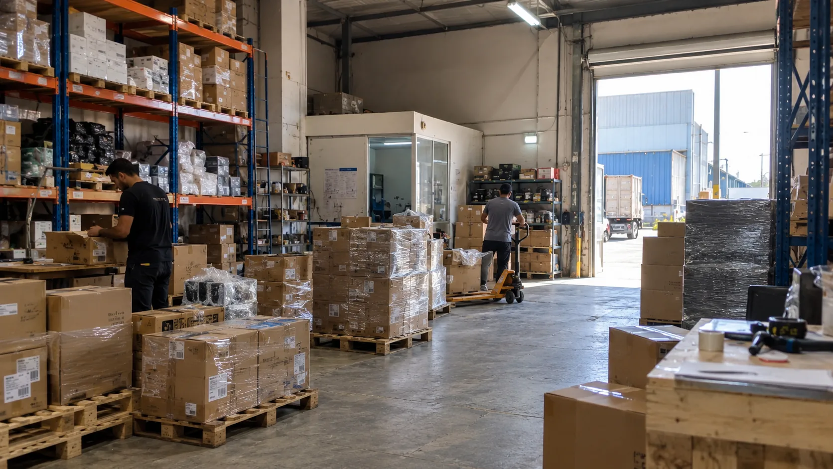 Warehouse operations with stacked goods and staff preparing shipments