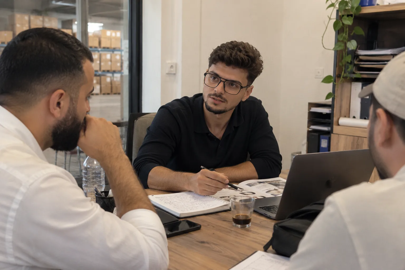 Three colleagues discussing a business project in an office overlooking a warehouse